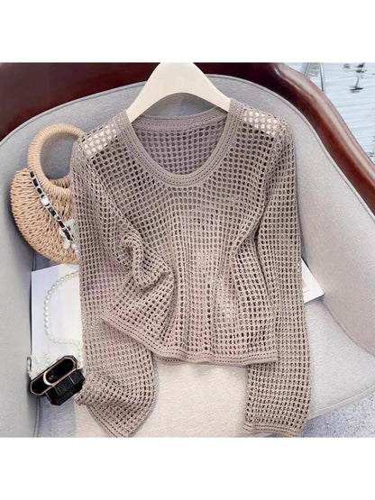 Crosa - Loose Fit Openwork Long Sleeve Pullover Top