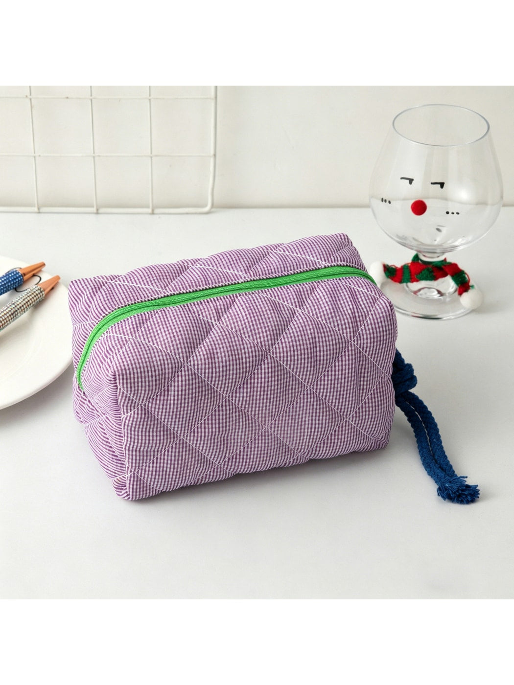Cosbai - Color Block Plaid Cosmetic Organizer Bag