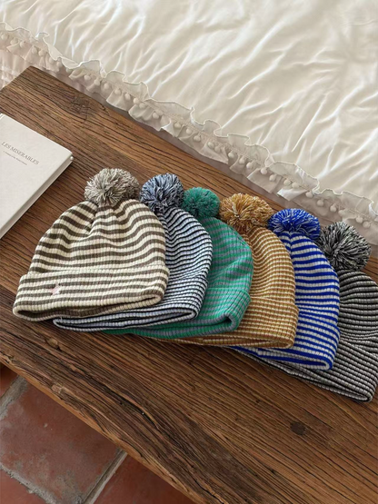 Haila - Striped Ribbed Pom Pom Beanie