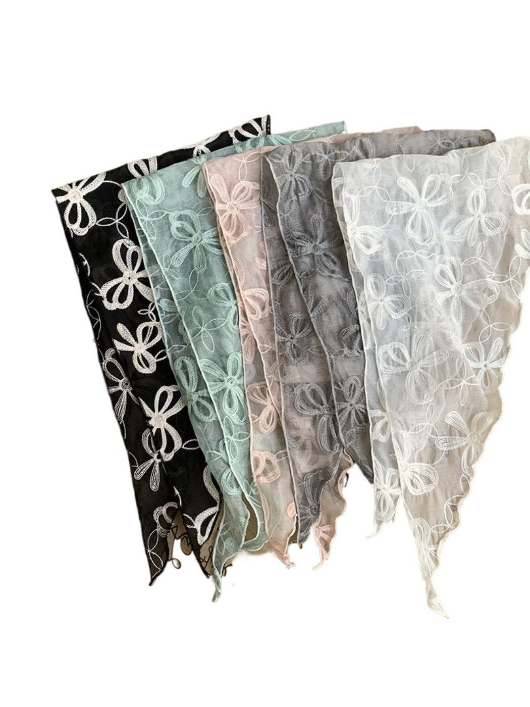 Scarvii - Bow Embroidered Sheer Triangle Scarf - Sweet & Airy