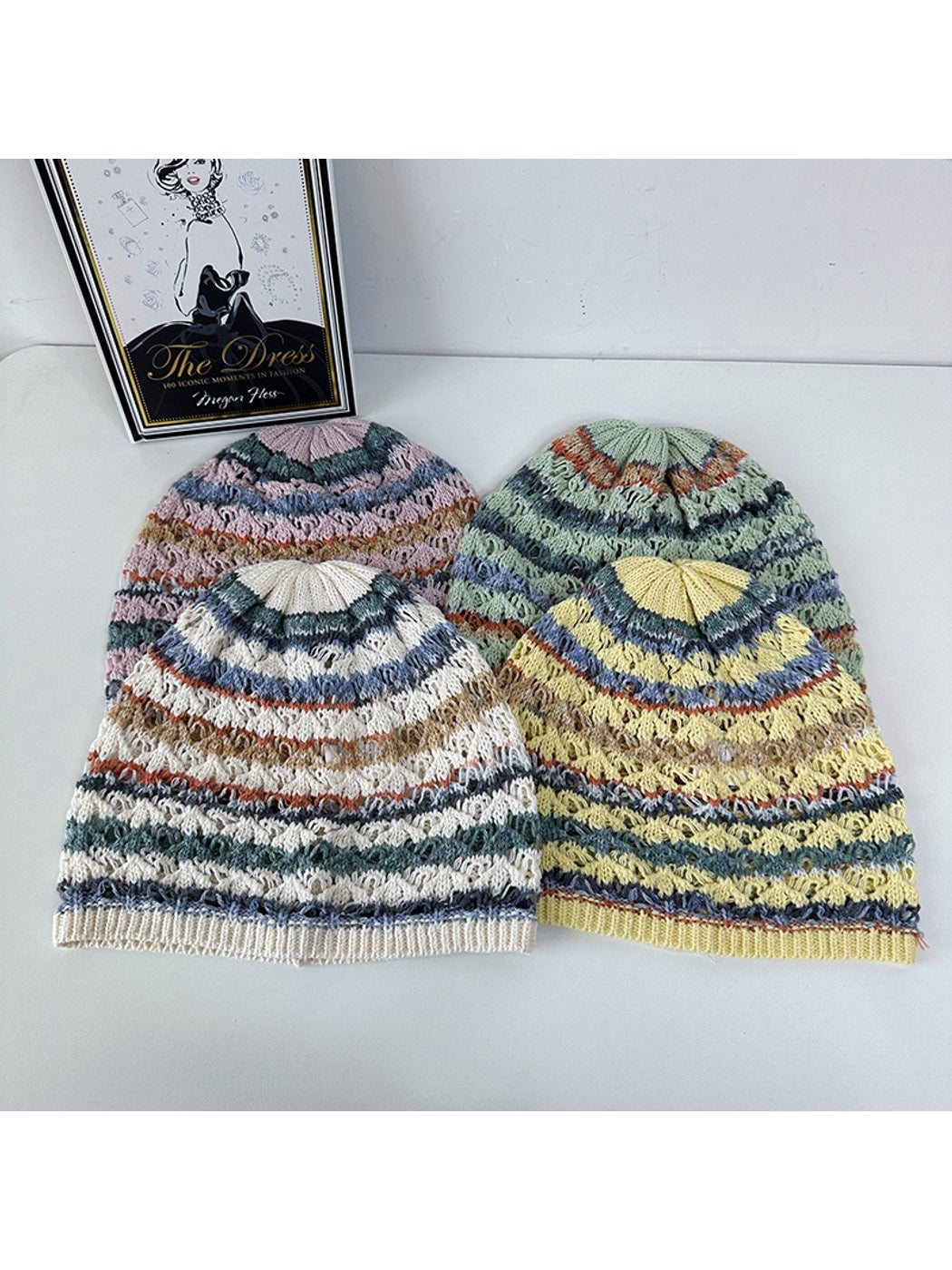 Haila - Retro Striped Cutout Knit Beanie
