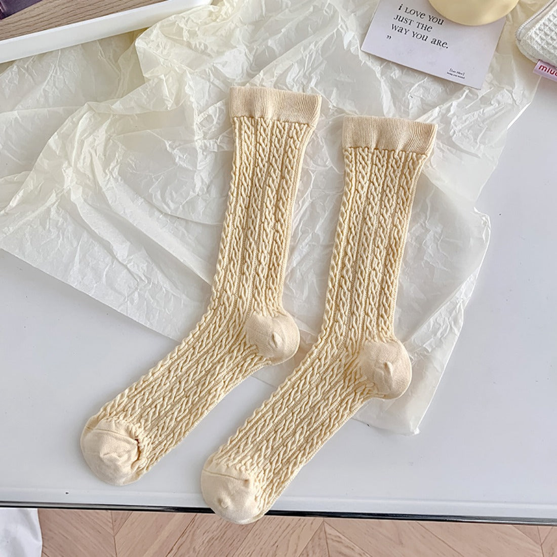 Rufia - Solid Color Cable Knit Striped Crew Socks