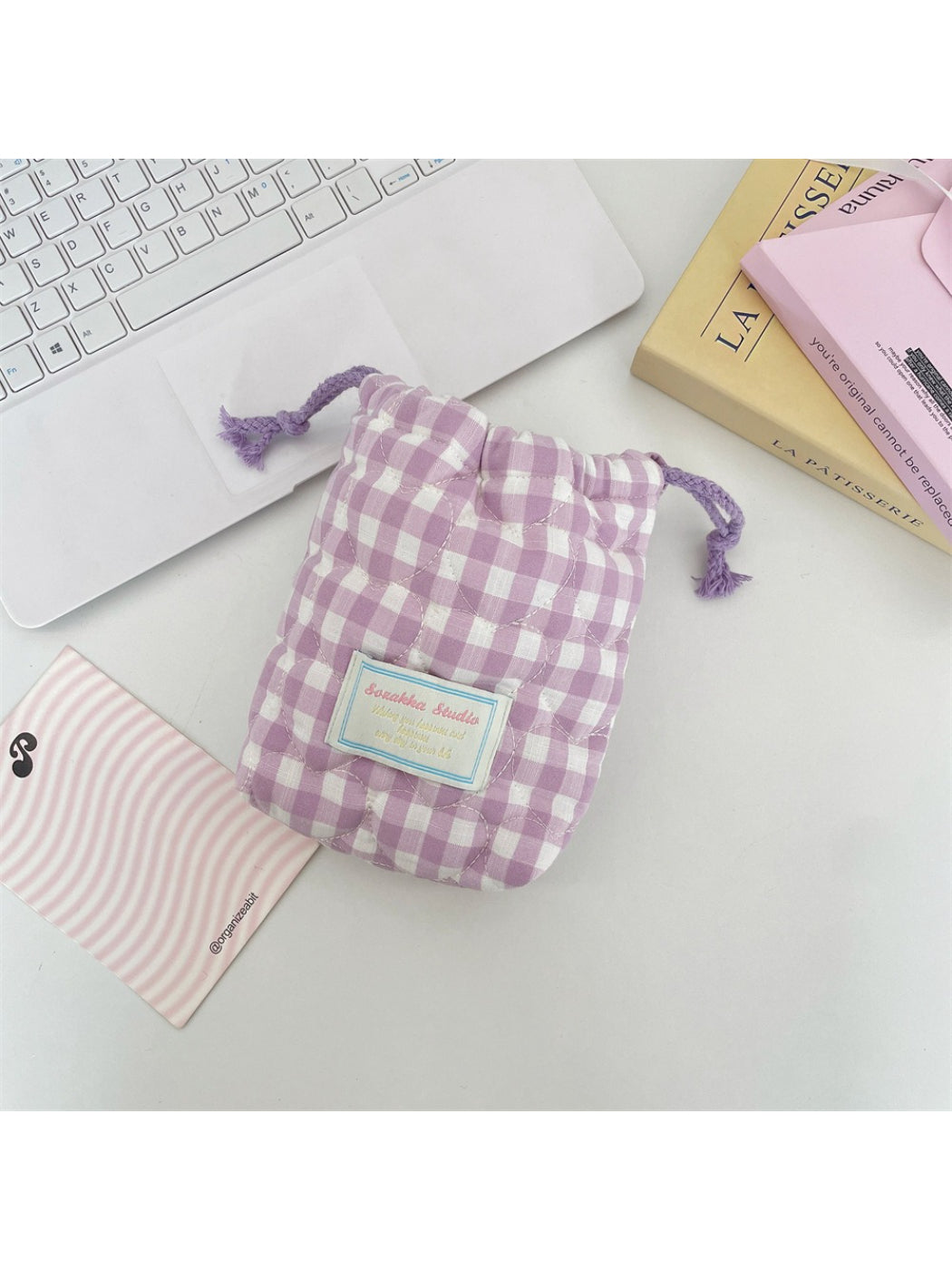 Cosbai - Gingham Padded Drawstring Pouch Bag