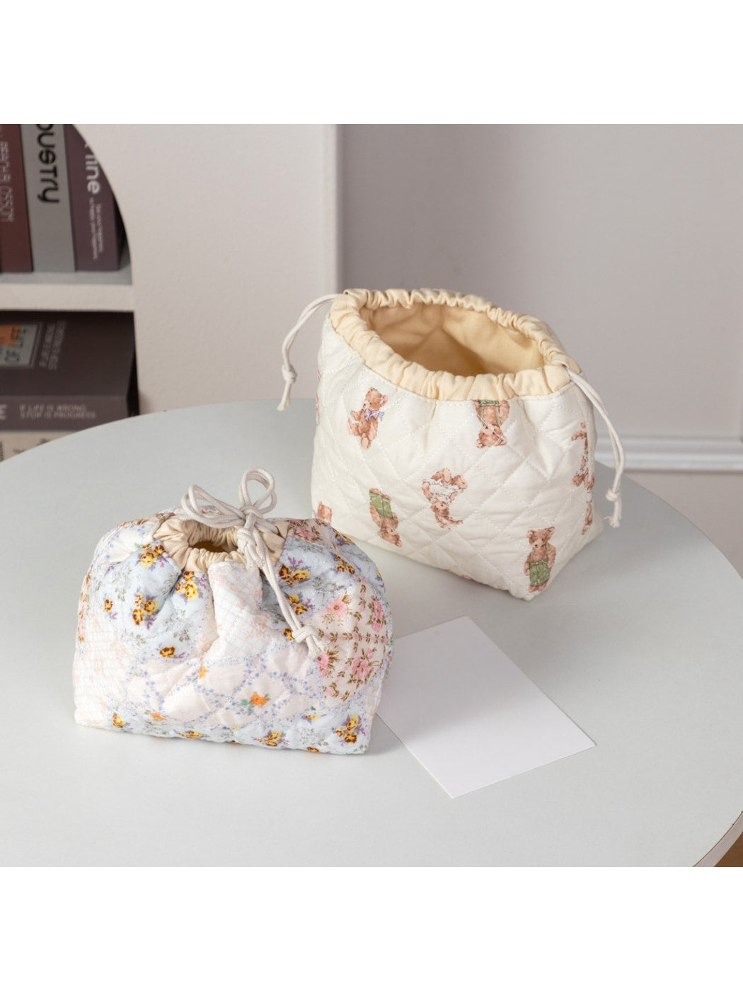 Cosbai - Quilted Round Drawstring Cosmetic Bag