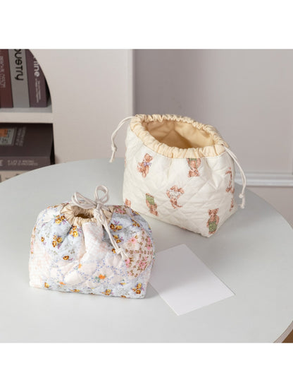 Cosbai - Quilted Round Drawstring Cosmetic Bag