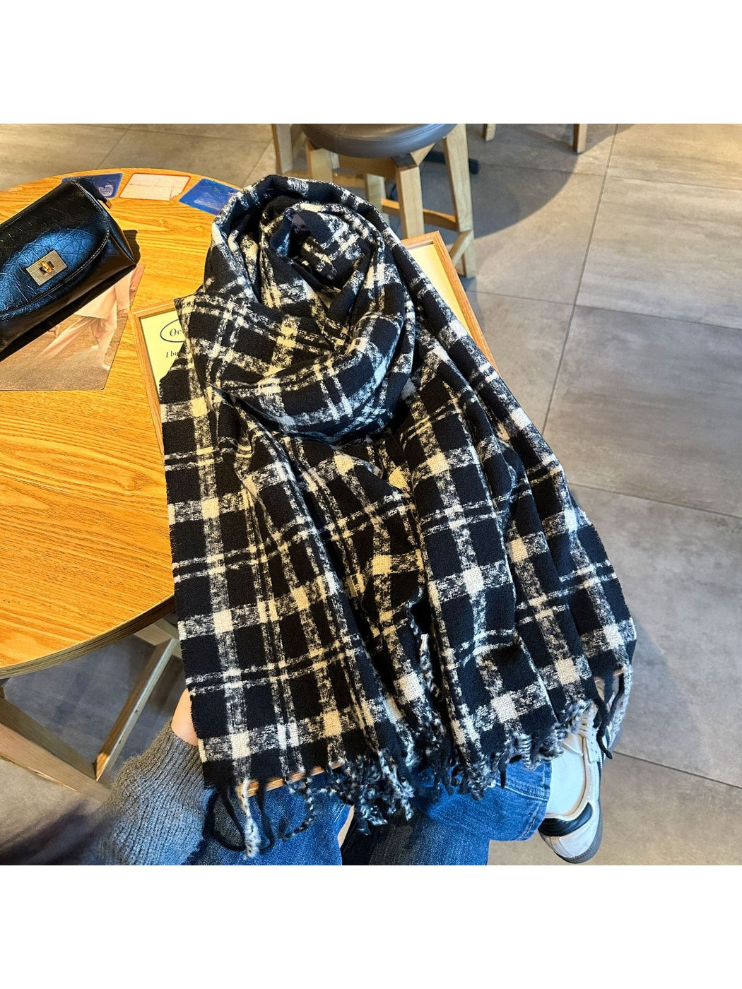 Scarvii - Textured Grid Plaid Fringed Winter Scarf