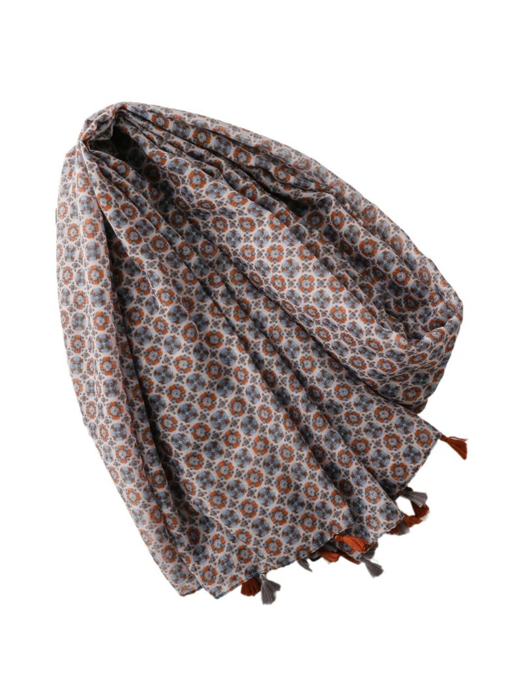 Scarf styled around neck showing lightweight fabric and floral design