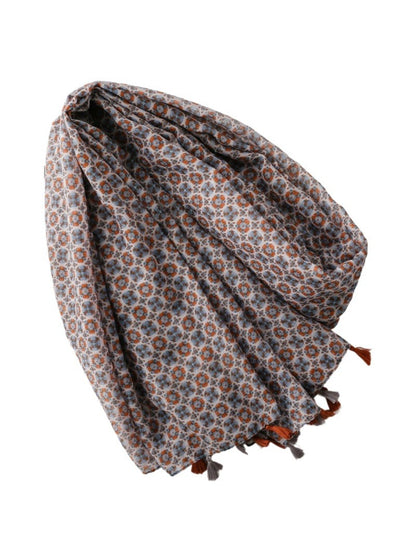 Scarf styled around neck showing lightweight fabric and floral design