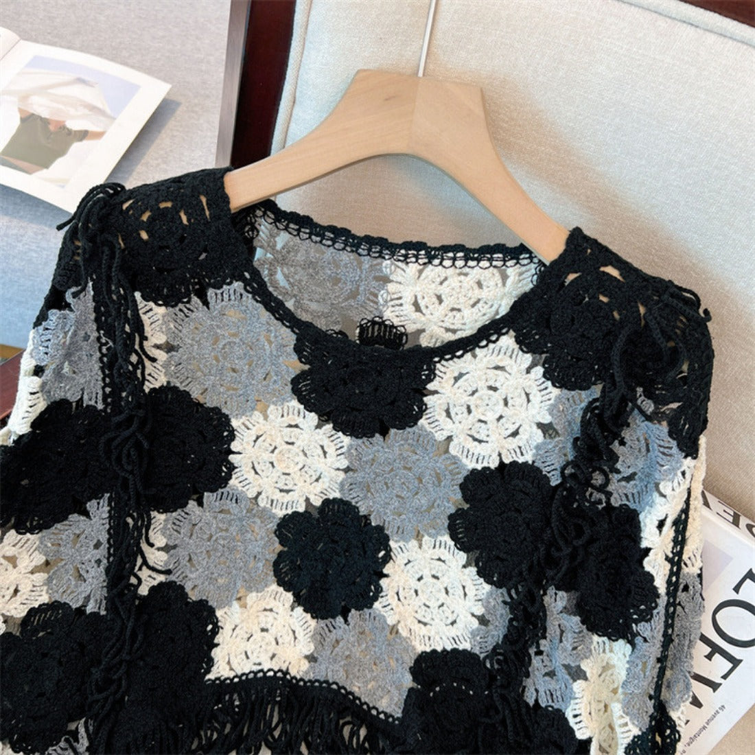 Crosa - Floral Pattern Hollow Knit Sweater