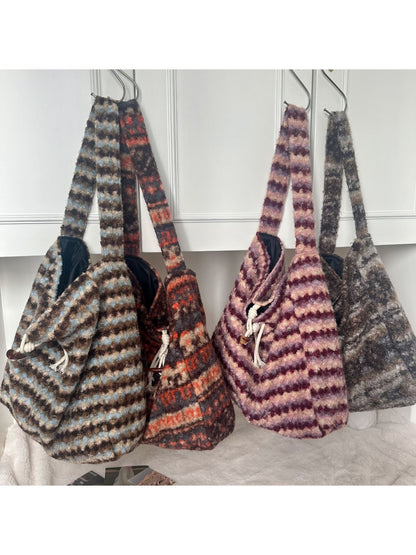 Cosbai - Soft Plaid Drawstring Shoulder Bag