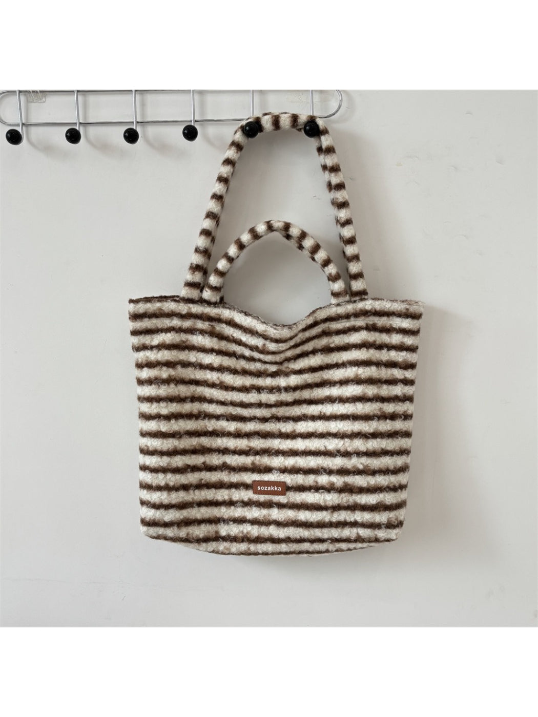 Cosbai - Soft Striped Fuzzy Shoulder Tote Bag