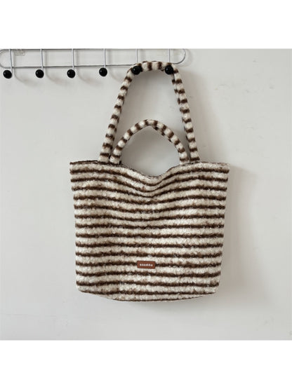 Cosbai - Soft Striped Fuzzy Shoulder Tote Bag