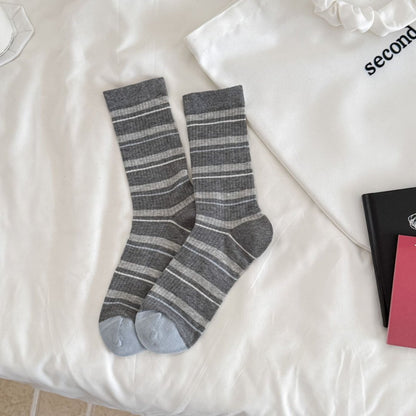 Rufia ribbed socks laid flat showing full length and multicolor stripes