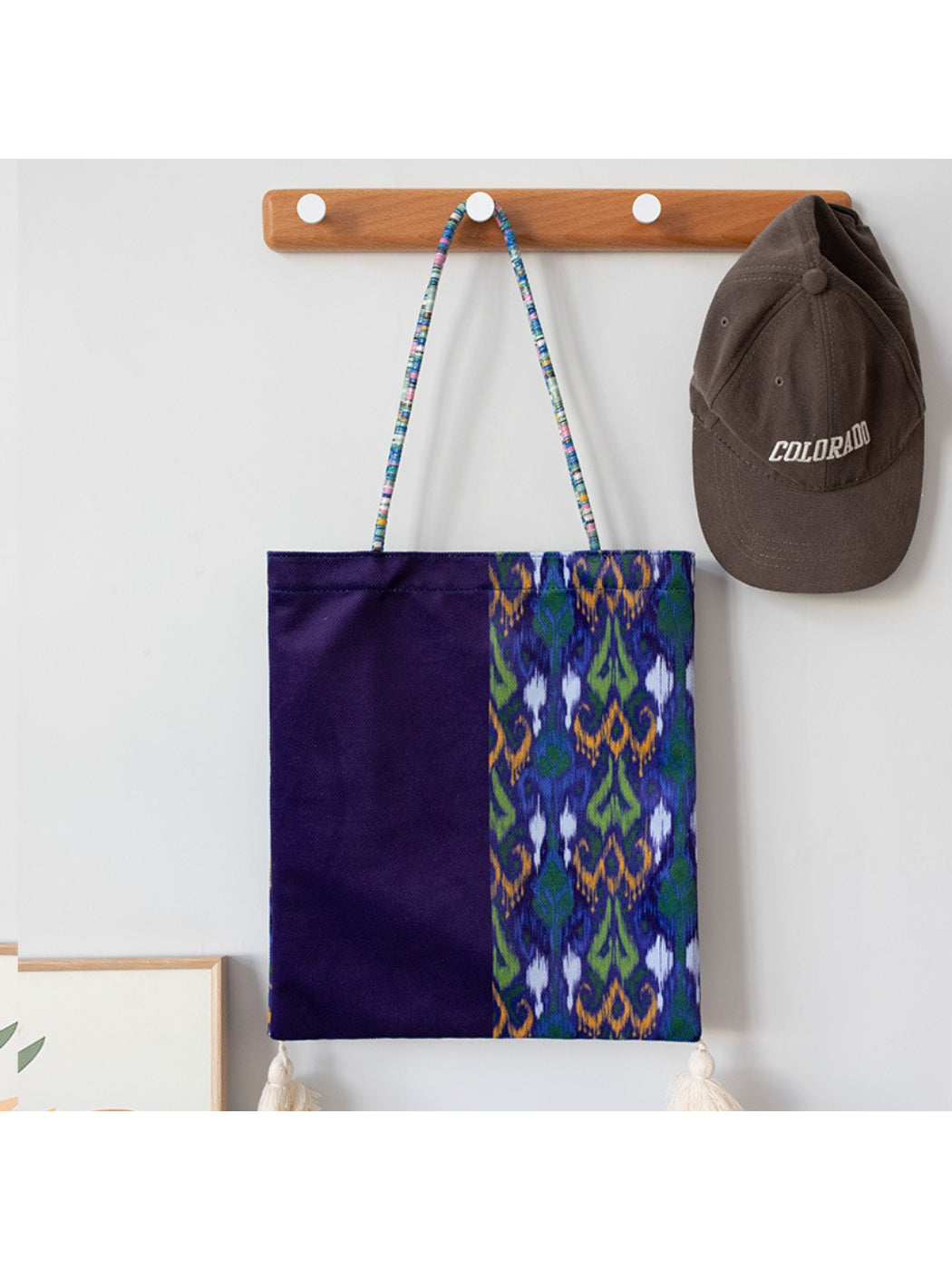 Cosbai Boho Ethnic Tassel Tote bag with detailed ethnic print and tassels on white background