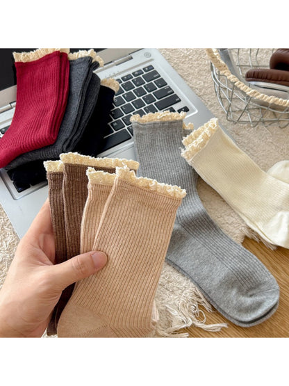 Rufia - Ribbed Lace Trim Crew Socks product image 2