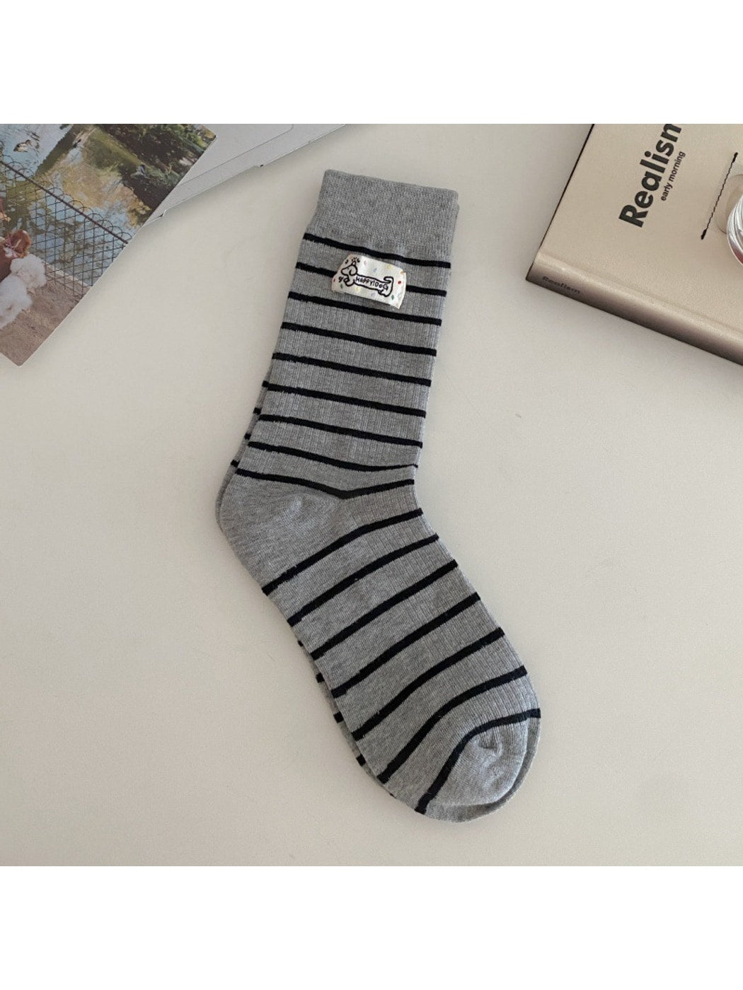 Rufia - Striped Cartoon Puppy Label Casual Crew Socks