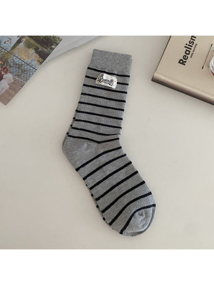 Rufia - Striped Cartoon Puppy Label Casual Crew Socks