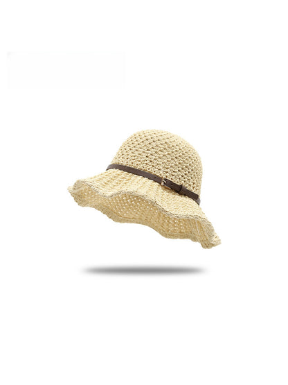 Haila - Solid Color Wide Brim Belt Decoration Bucket Hat