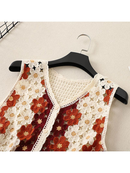 Crosa - Floral Hollow Out Button Front Vest