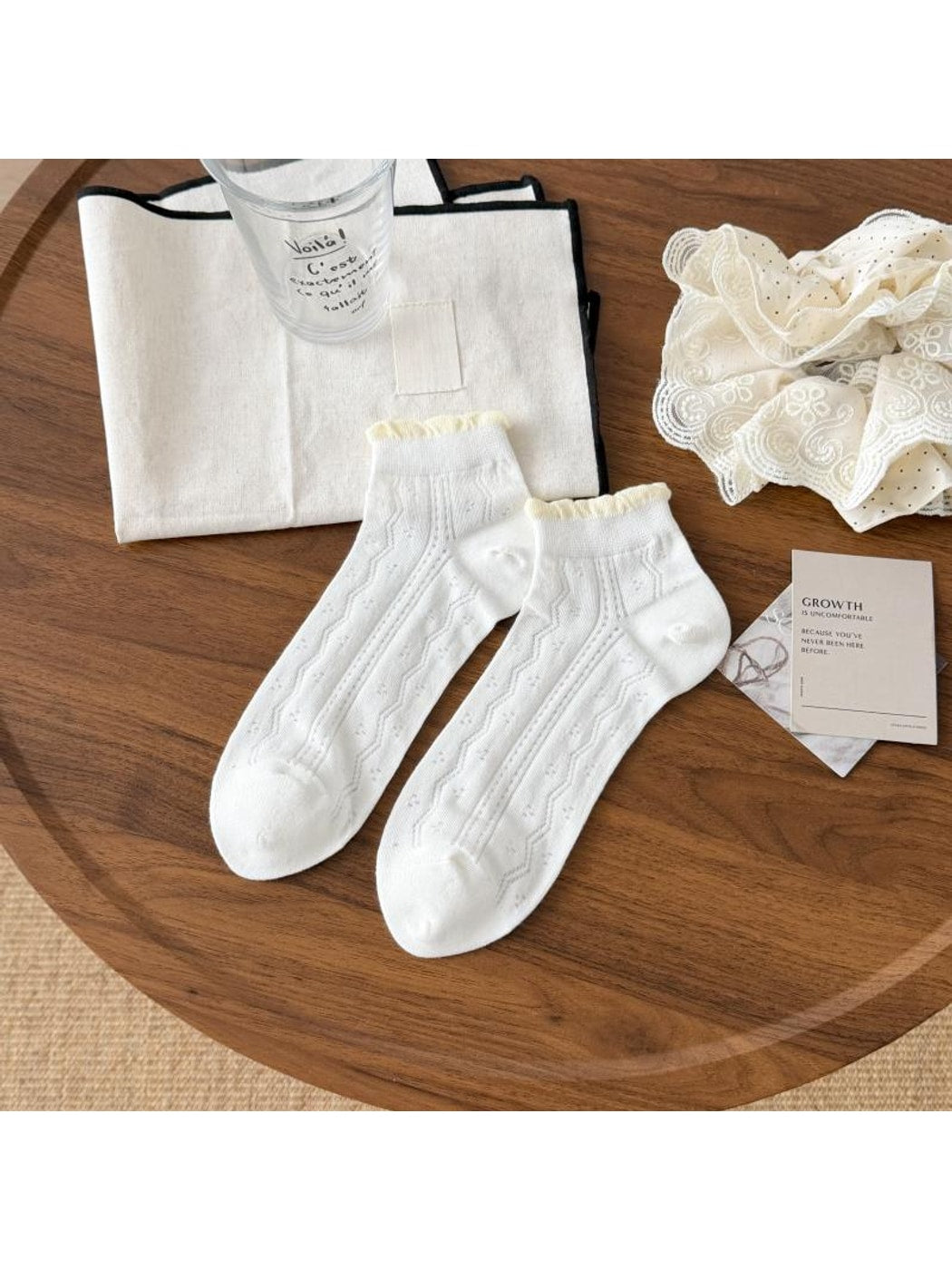 Rufia - White Tones Openwork Ruffle Ankle Socks