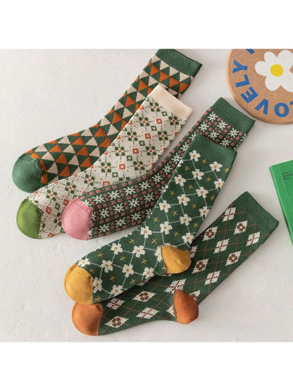 Rufia - Christmas Mid-Calf Socks with Geometric & Floral Pattern