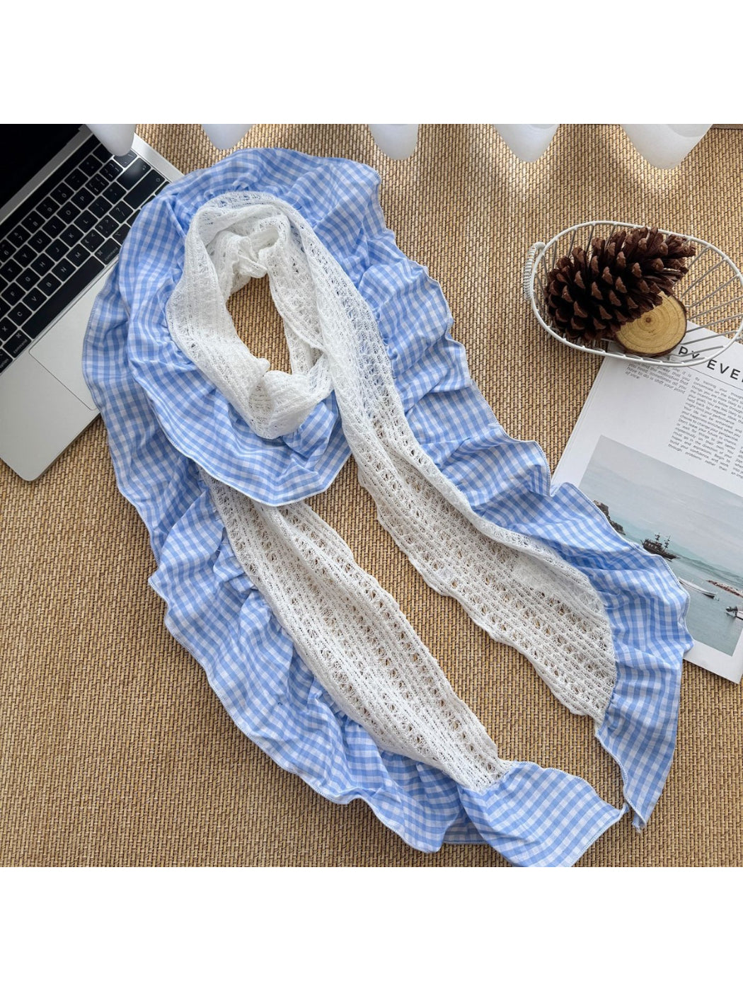 Scarvii - Gingham Lace Ruffle Long Scarf