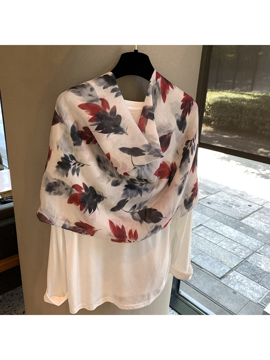 Scarvii - Feather Print Lace Edge Fashion Shawl Scarf