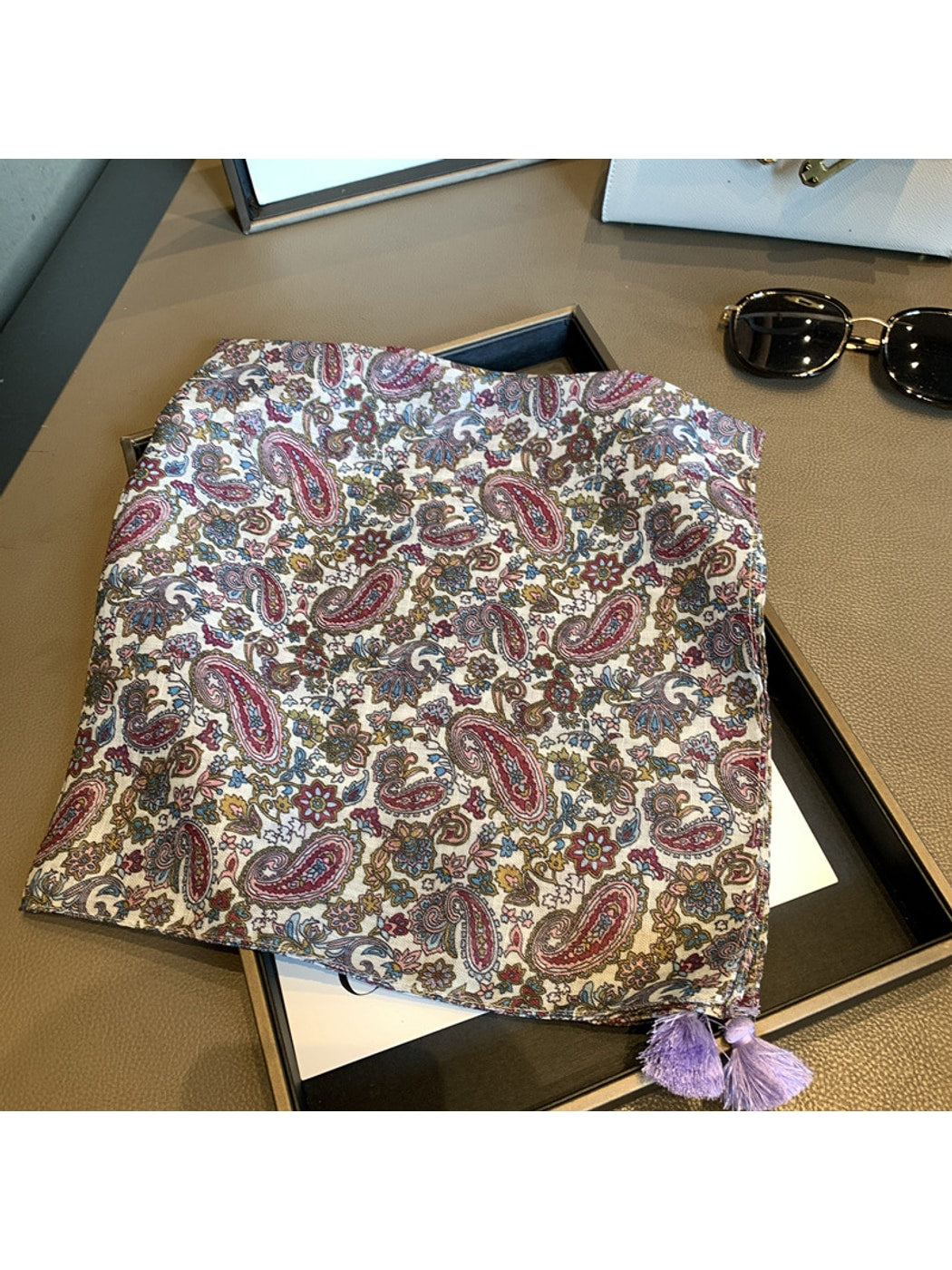 Scarvii - Paisley Print Tassel Accent Square Scarf