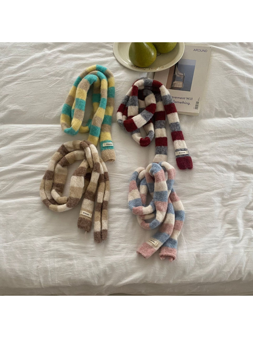 Scarvii - Multicolor Stripe Fuzzy Skinny Knit Scarf