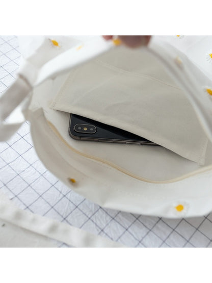 Cosbai - Daisy Embroidery Soft Shoulder Tote Bag