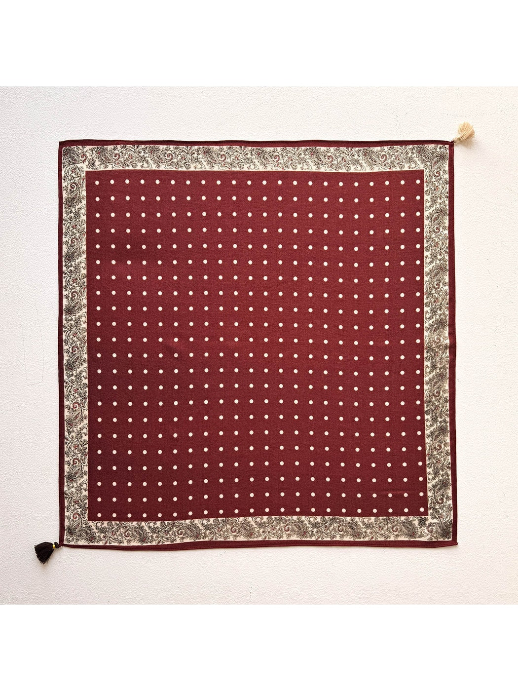 Scarvii - Polka Dot Print Tassel Accent Square Scarf