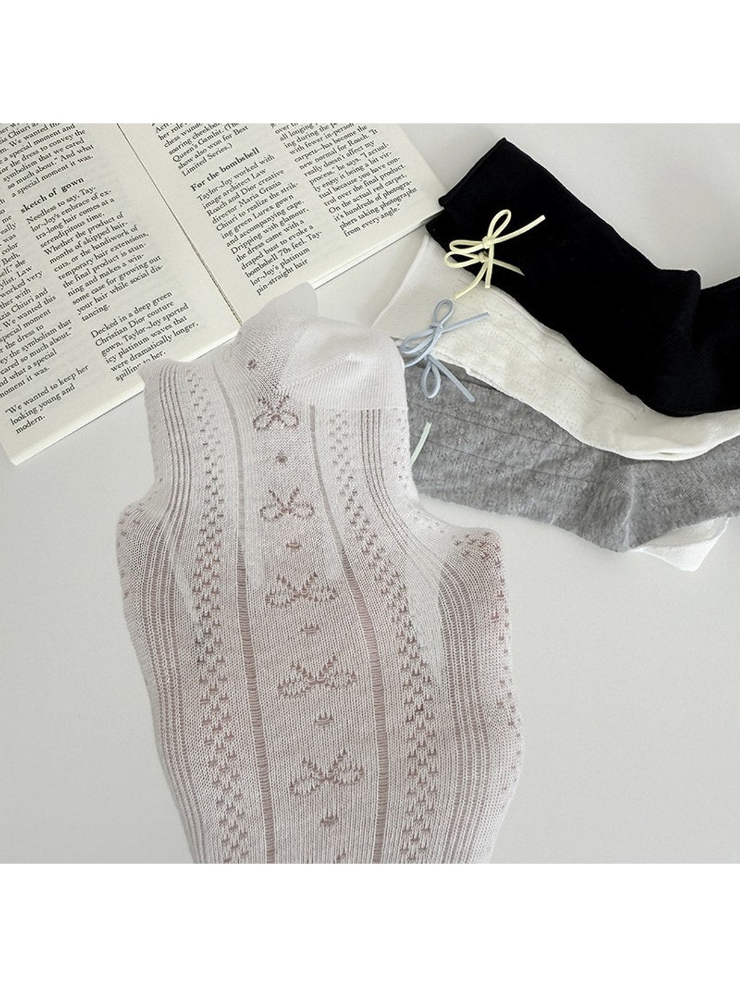 Rufia - Sweet Style Bow Accent Ribbed Crew Socks