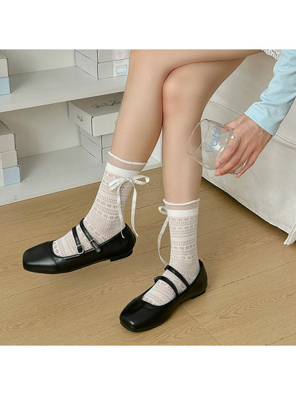 Rufia - Sweet Bow Lace Trim Solid Color Crew Socks
