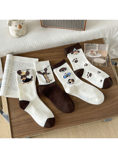 Rufia - Brown Puppy Print Crew Socks