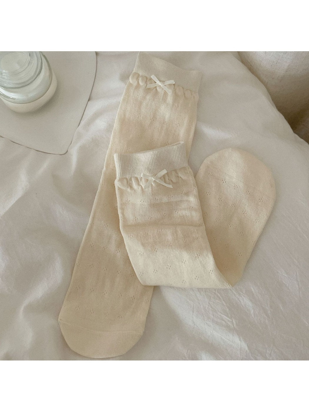 Rufia - Solid Color Openwork Bow Accent Crew Socks