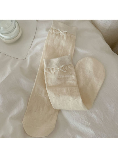 Rufia - Solid Color Openwork Bow Accent Crew Socks