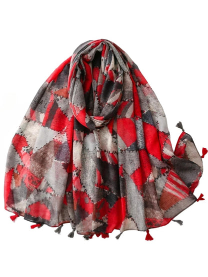 Scarvii - Red Gray Geometric Mosaic Tassel Scarf