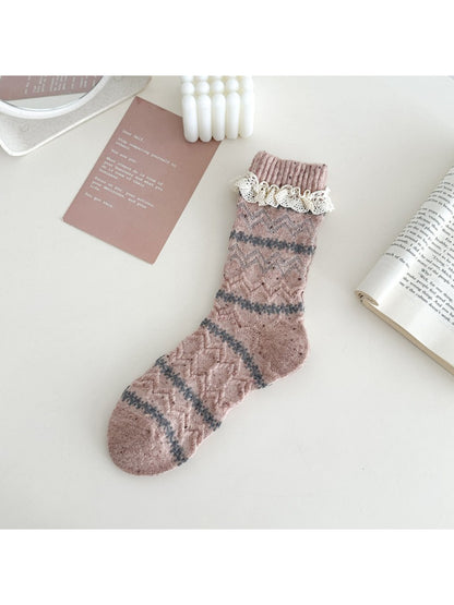 Rufia - Lace Trim Cozy Pattern Crew Socks