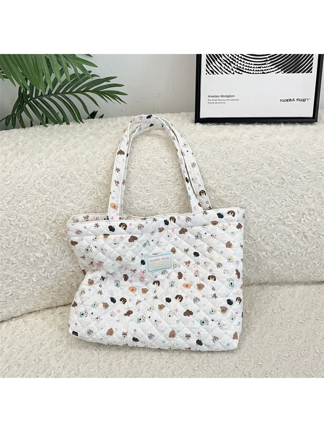 Cosbai - Floral Quilted Tote Bag with Cartoon Pattern