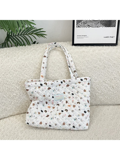 Cosbai - Floral Quilted Tote Bag with Cartoon Pattern