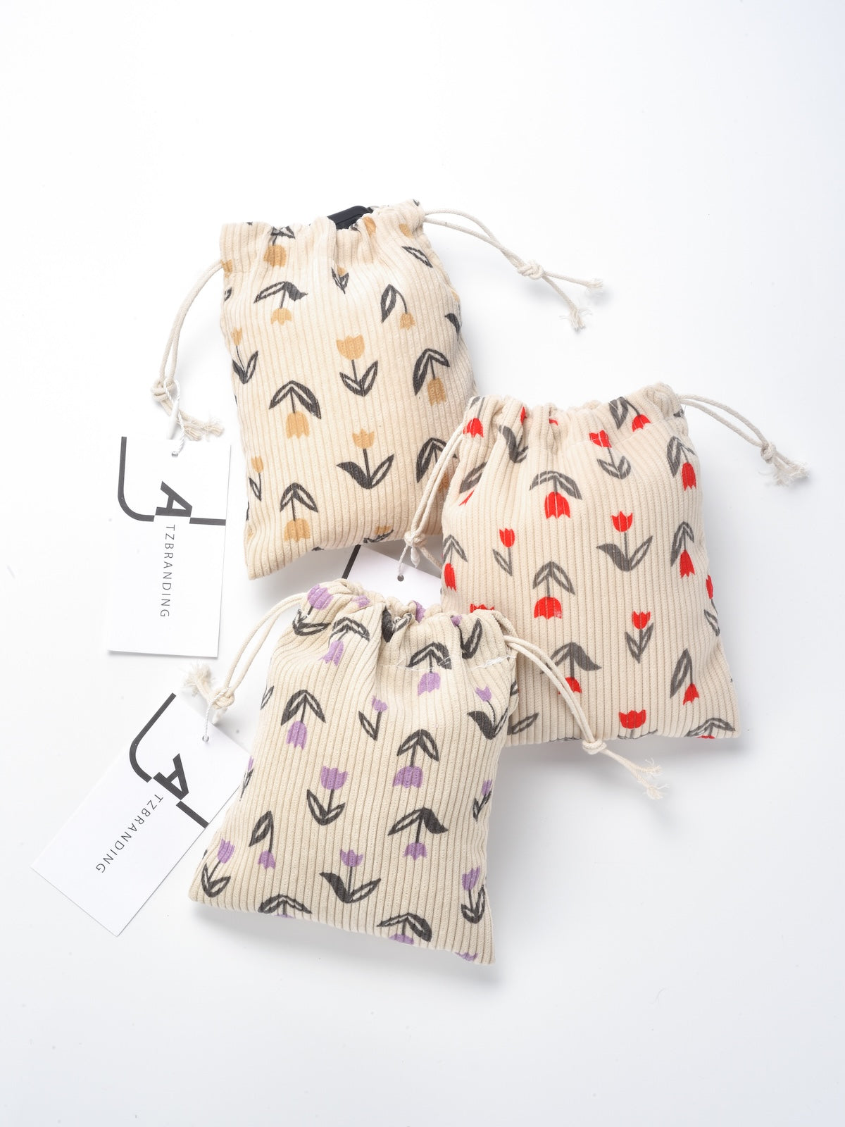 Cosbai - Floral Corduroy Drawstring Pouch