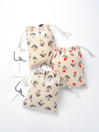 Cosbai - Floral Corduroy Drawstring Pouch