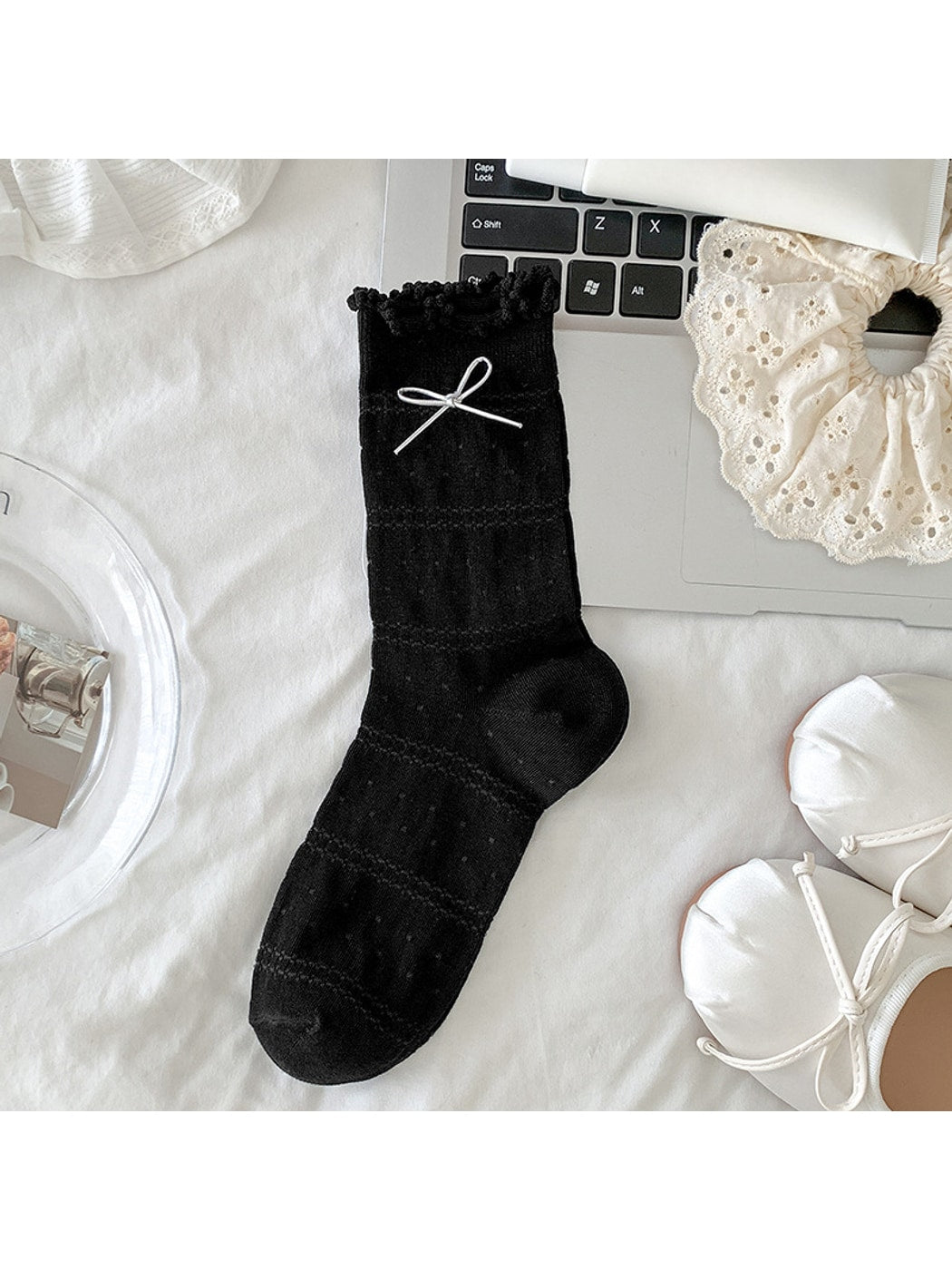 Rufia - Ruffle Cuffs Bow Detail Solid Color Crew Socks