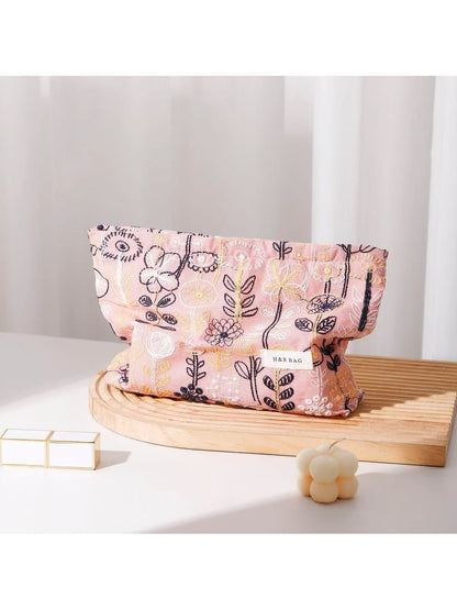 Cosbai - Floral Embroidered Zippered Makeup Bag