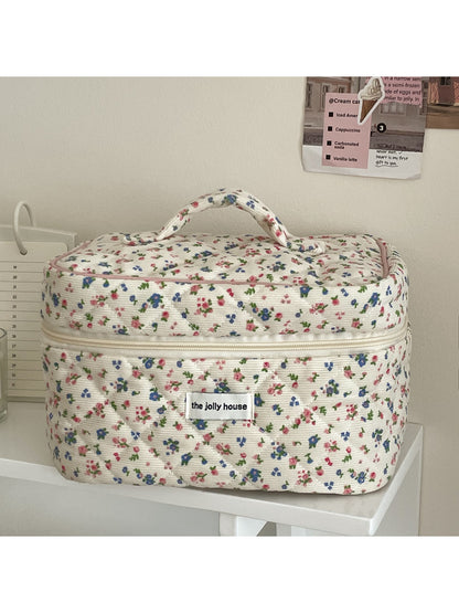 Cosbai floral quilted travel makeup bag with pink and green flower pattern