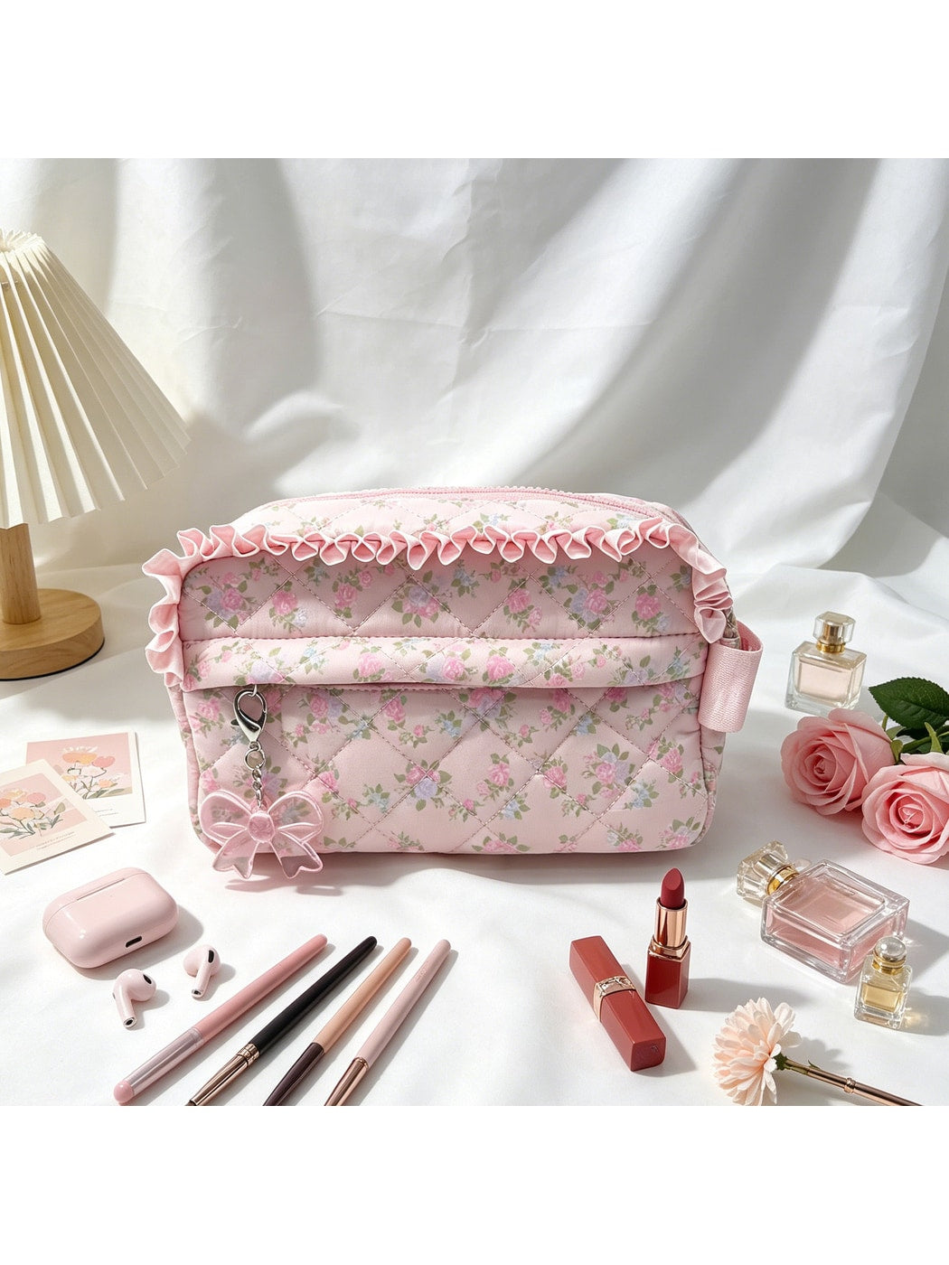 Cosbai - Ruffle Trim Floral Cosmetic Organizer Bag