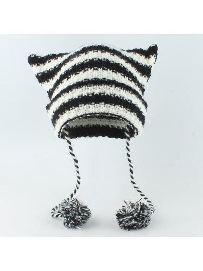 Haila - Striped Cat Ear Shape Knit Beanie