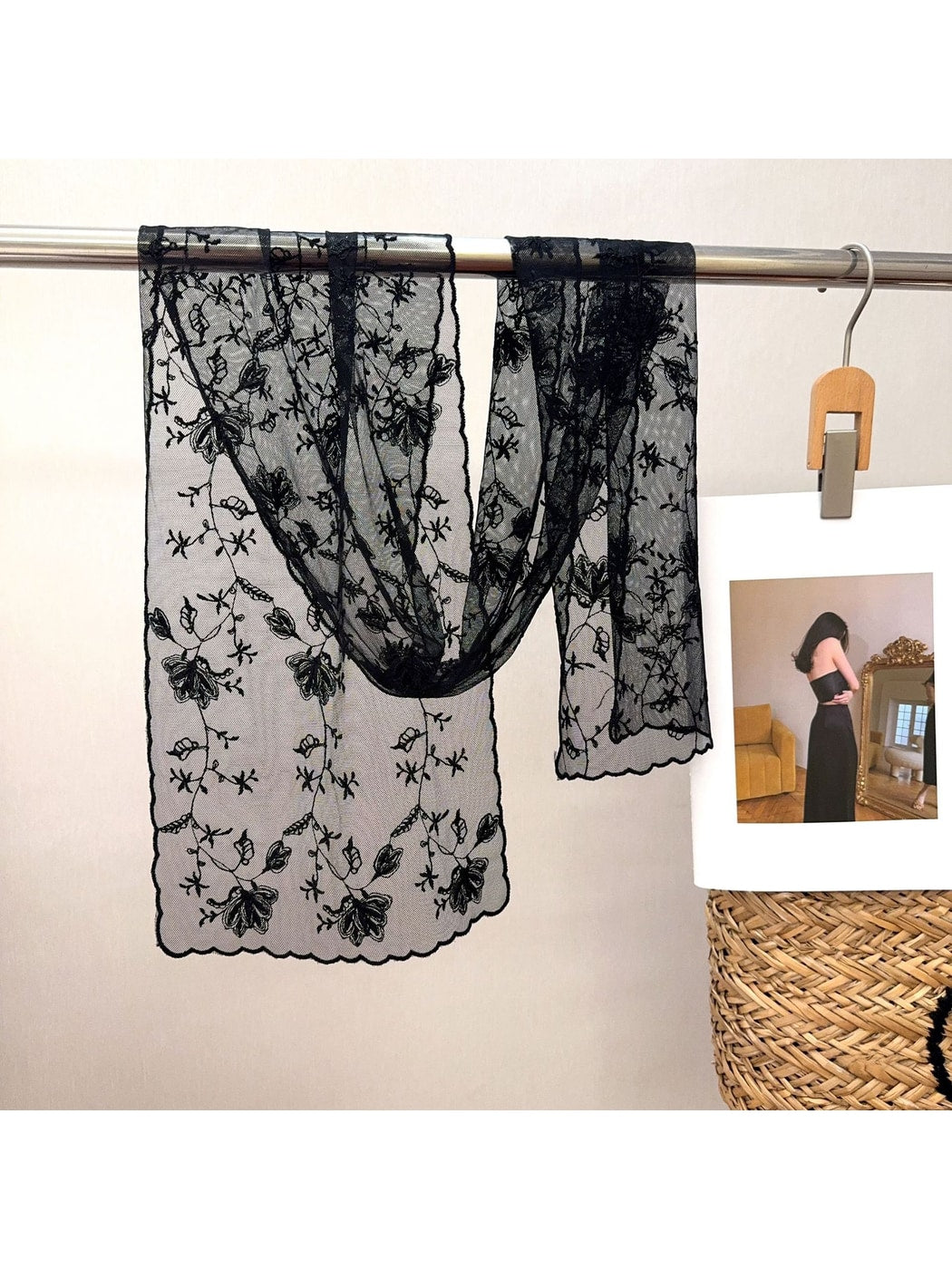 Scarvii - Embroidered Mesh Oblong Scarf with Floral Detail