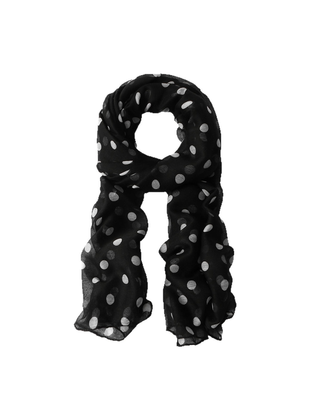 White scarf with black polka dots folded neatly on a flat surface