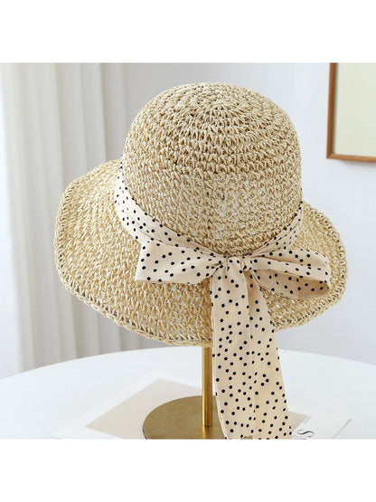 Haila - Polka Dot Bow Round Crown Women's Sun Hat